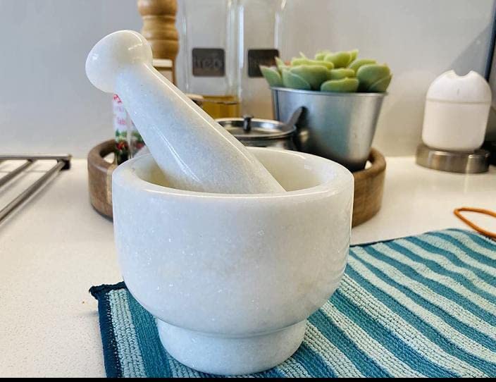 Image of Marble Mortar and Pestle Set 4 Inch Imam Dasta Ohkli Musal for Mashing Spices and Medicines (White)
