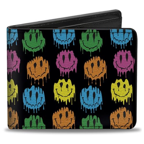 Buckle-Down Wallet, Bifold, Smiley Faces Melted Mini Repeat Black Multi Neon, Vegan Leather