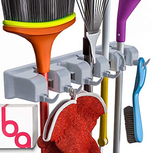 Image of Berry Ave Broom Holder Wall Mount and Garden Tool Organizer, Closet Storage, Kitchen Rack, Home Organization and Garage Organizer for Rake or Mop Handles Up to 1.25-Inches, Hanger Plus 6 Hooks (Grey)