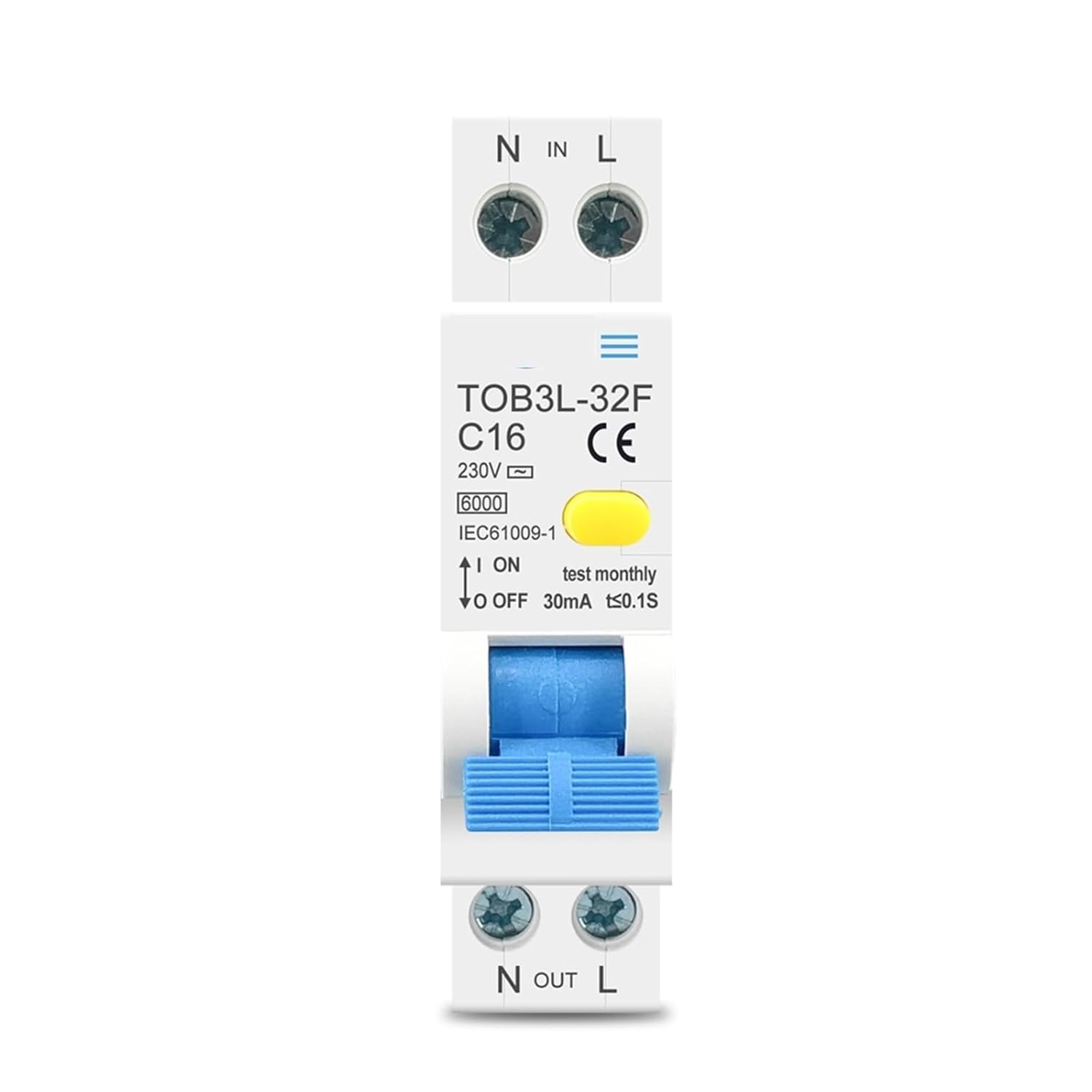 RCBO 1P+N 6KA Current Differential Automatic Circuit Breaker Over Current Leakage Protection 18MM 230V 50/60Hz 1Pcs(16a)