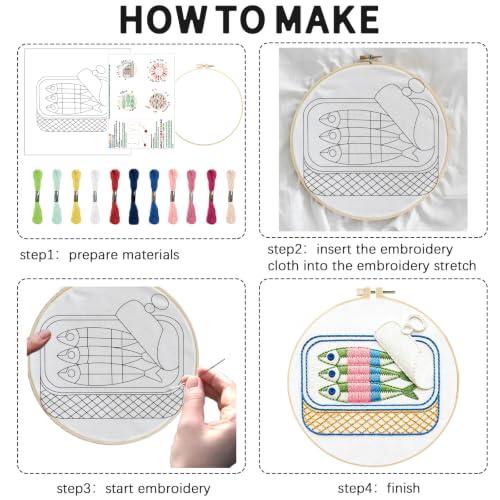 Image of INFUNLY 4Pcs Canned Sardines Embroidery Kit 12 Inch Round Pink Fish Wreath Needlework Practice Set Nautical Fish Embroidery Kits with Hoop for Adults Home Decor Birthday Gift