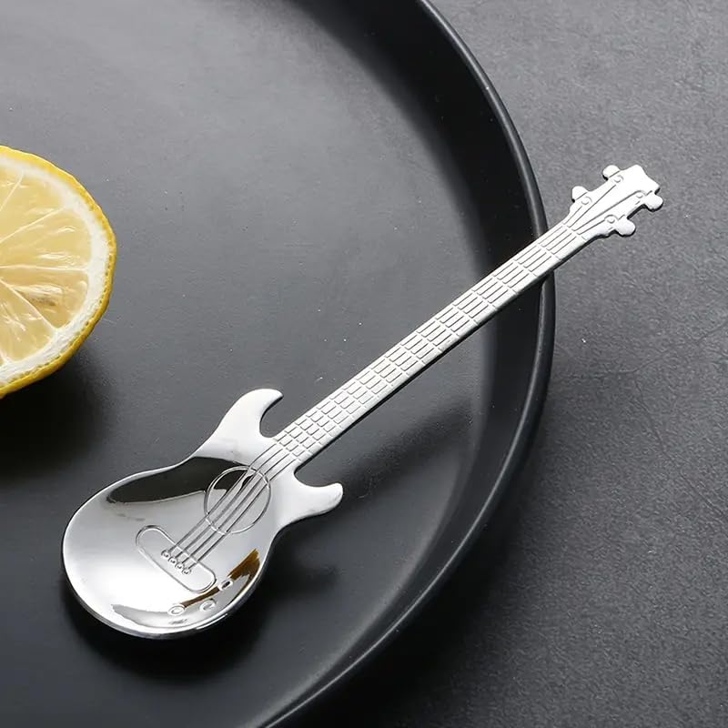 1pc Creative Guitar Shaped Spoon For Coffee, Desserts, Ice Cream, Stainless Steel Teaspoon, Unique & Fun Kitchen Gadget, For Music Lovers & Coffee Enthusiasts