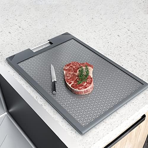 JEMPSEY Double-sided Cutting Board with Knife Sharpener, Chopping Board for Kitchen with Stainless Steel and Wheat Straw, for Meat & Vegetable(Grey, Medium)