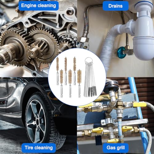6 Stück Messingbohrungsbürsten in verschiedenen Größen + 15 Stück Reinigungsnadeln Nylonbürsten Werkzeuge, gedrehte Drahtbürste mit Griff, 1/4 Zoll Sechskantschaft Aufsatz Bohrer-Set für Rohre,