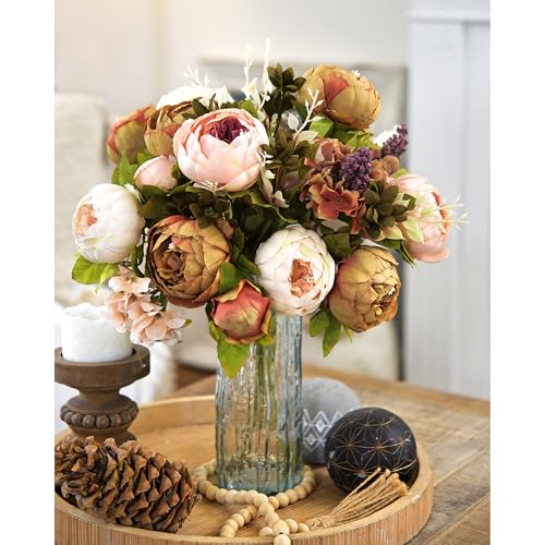 Image of FiveSeasonStuff Artificial Peony Bouquets, 2 Silk Flower Bundles in Mixed Pale Pink & Tawny Brown with Hydrangeas for Wedding Centerpieces & Home Decor