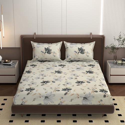 Image of Haley King Size Fitted Bedsheet Set (78x72 in) with 2 Pillow Covers - 250 TC Super Soft Cotton, All-Corner Elastic, Floral Design, Smooth & Comfortable (Set of 1)