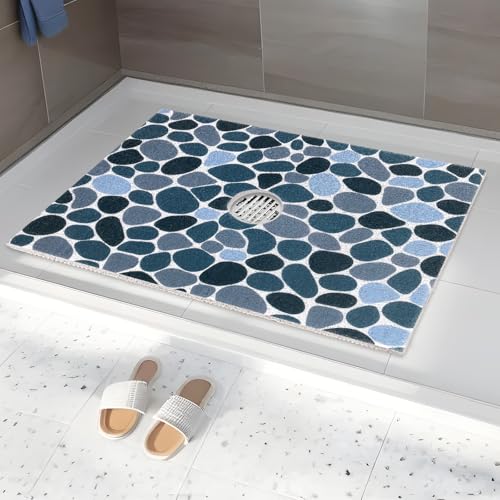 Image of Square Shower Mat Non Slip: 32 x 24 Inch Extra Large Shower Mats with Drain Hole in Middle - PVC Loofah Anti Slip Shower Floor Matt for Inside Shower