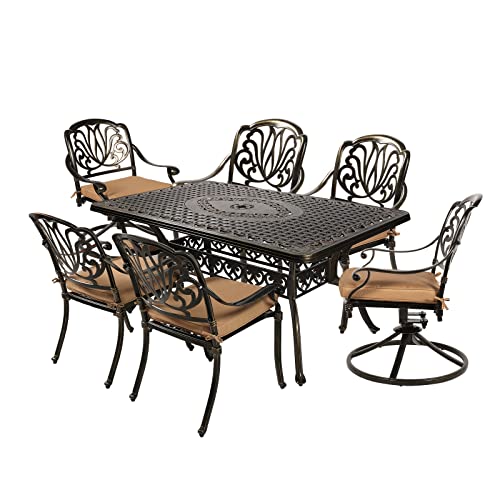 Image of MEETWARM 7-Piece Outdoor Patio Dining Set, All-Weather Cast Aluminum Patio Conversation Set with 2 Swivel Rocker Chairs, 4 Stationary, 1 Rectangular Table, 6 Cushions, 2 inch Umbrella Hole