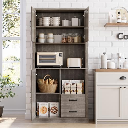 GarveeHome Modern Kitchen Pantry Cabinet with Microwave Stand, Tall Hutch Bar Cabinet with Drawers & Adjustable Shelves, Large Wood Storage for Dining Room, Living Room, Rustic Grey