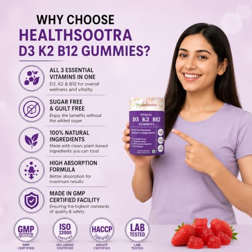 Image of Vitamin D3 K2 B12 Gummies | 60 Gummies | Strawberry Flavour | Sugar Free Vitamin | Daily Wellness with Vitamin D, Vitamin K2 & Vitamin B12 supplements for Bone Health