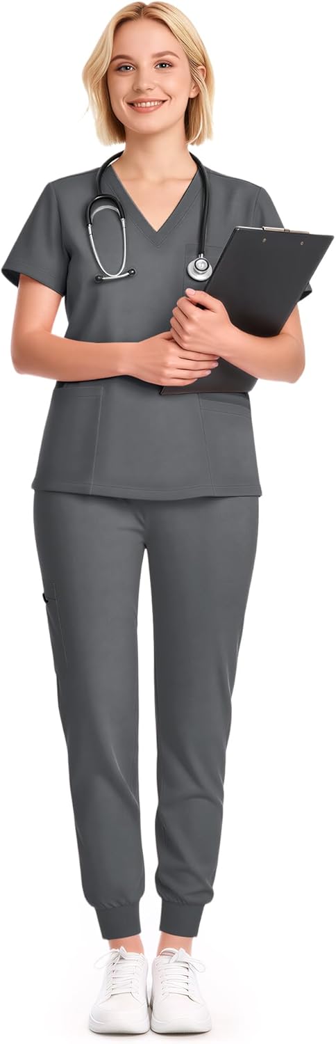 Scrubs for Women Set - 8-Pocket V-Neck Scrub Uniform, Stretch Jogger Pants, Medical Workwear for Nurses, Pet Care - Image 2