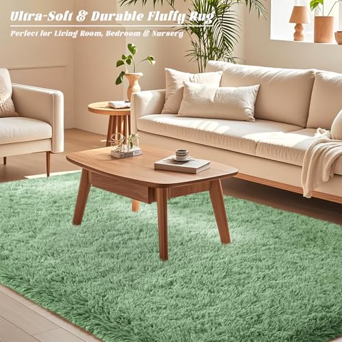 Green Fluffy Rugs for Living Room 5x7 ft - Ultra Soft Faux Fur Area Rug - Plush Non-Slip Shaggy Carpet for Bedroom, Kids Boys Girls Dorm Nursery Room