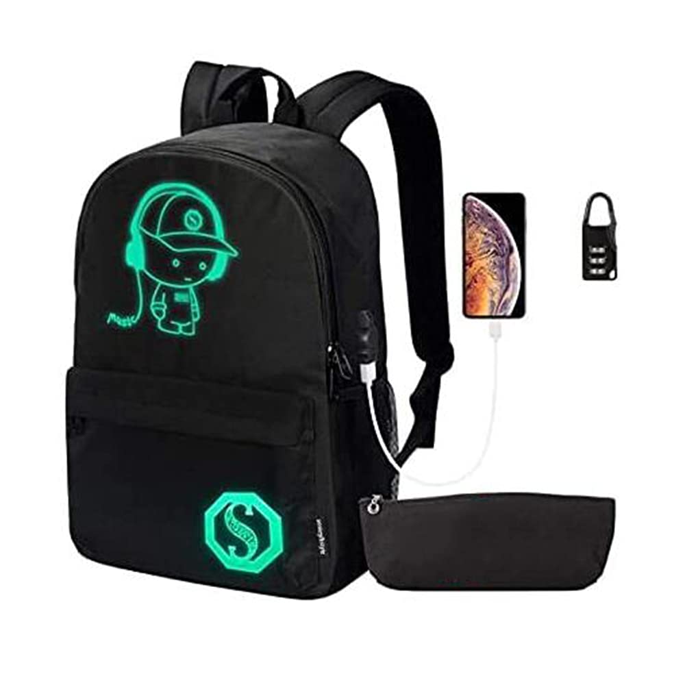 School Backpack, Anime Luminous Backpack College Bookbag Anti-Theft Laptop Backpack with USB Charging Port and Lock & Pencil Case, Unisex School Backpack for Teen Boys and Girls, Black