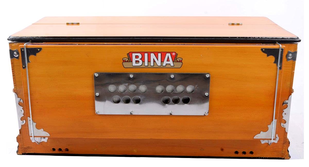 Harmonium BINA no. 9 Indian Harmonium, 2024 Edition,3 1/2 octaves, 9 stops, 4 extra notes, multifold bellows, BINA special reed,Checked & Retuned by Aakrati Musicals Safri, Natural Color, Kirtan,