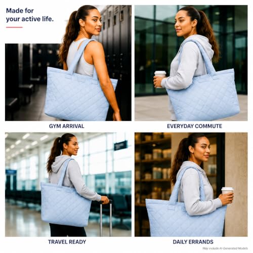 Image of Reebok Womens Tote Bag - Lightweight Carry On Puffer Quilted Tote Bag for Travel Work Travel and Daily Essentials