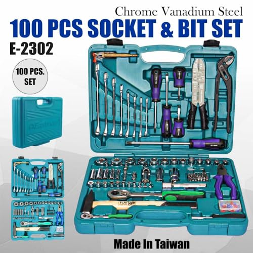 Image of Eastman 1 /2 Inch & 1 /4 Inch Sq. Drive 100 Pcs Socket & Bit Set, Chrome Vanadium Steel Knurled Sockets Tool Kit, Bmc Pack Ratchet Handle Spinner Handle(E-2302)