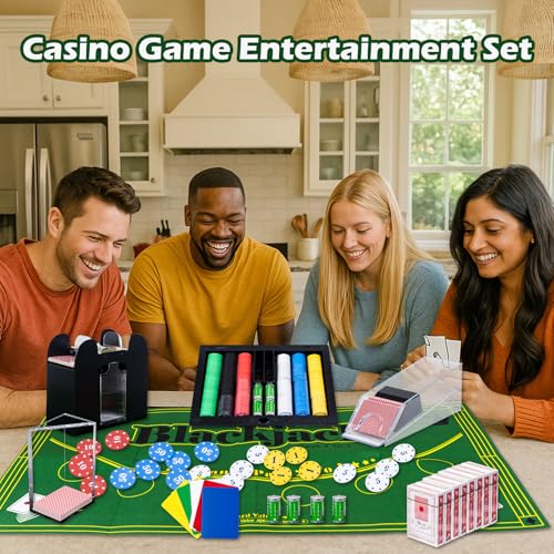 Casino Table Game Set,Blackjack/Texas Hold\'em/Poker Set with Card Shoe,Discard Tray, Automatic Shuffler,Chip Rake,360Chips,8 Deck Playing Card ,Double-sided felt(Green),10 Cut Cards,Casino Poker Set