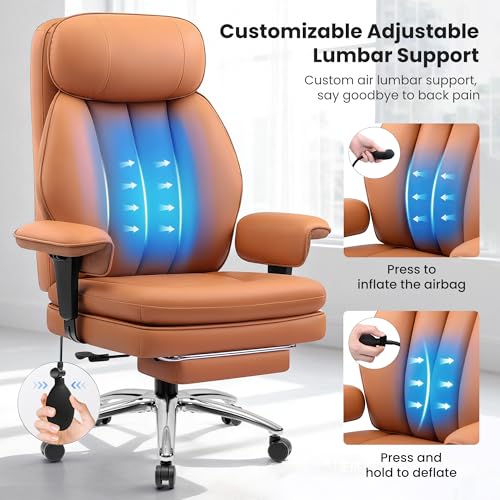 Image of Executive Office Chair with Lumbar Support, Comfortable Computer Desk Chair | Big and Tall Leather Gaming Chair with Double Layer Cushion & Footrest, 400bls Heavy Duty, Home Office Gaming Heavy People