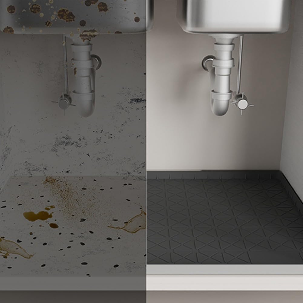 Bandeja de Silicona para Debajo del Lavabo, Alfombra Protectora contra Fugas en Cocina, Antideslizante y, para ideal para Armarios, Medidas 86x56 cm, Negro(86x56x2.5cm)