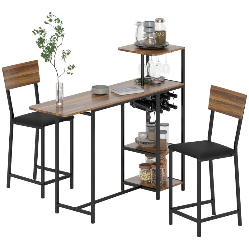 Juego de mesa de bar con taburete, 3 piezas, juego de mesa de bar con mesa de cocina, soporte para copas de vino, estante para 2 sillas de bar, marco de acero, moderno, para comedor, cocina