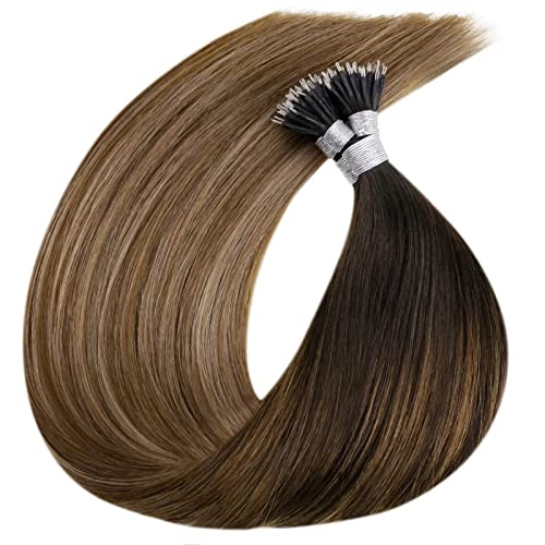 Ombre Nano Hair Extensions Human Hair 20 Inch Darkest Brown to Medium Brown and Ash Blonde Micro Nano Bead Human Hair Extensions Nano Micro Loop 1g/strand 50g