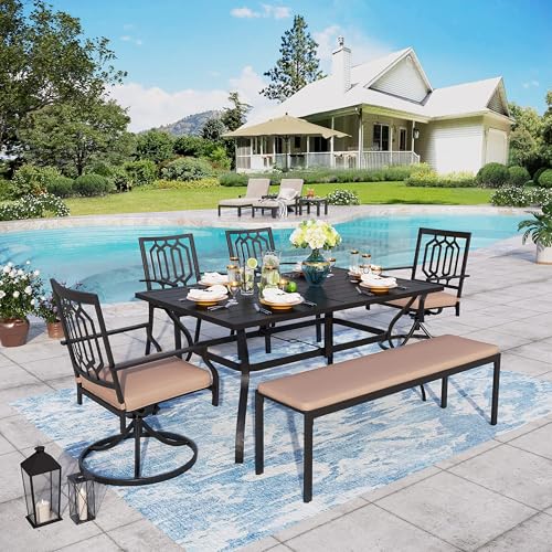 Image of Sophia & William Patio Dining Set 6 Pieces, Swivel Patio Dining Chairs, Fixed Chairs and Bench, Large 60 inch Metal Dining Table, for Lawn Support 300lbs
