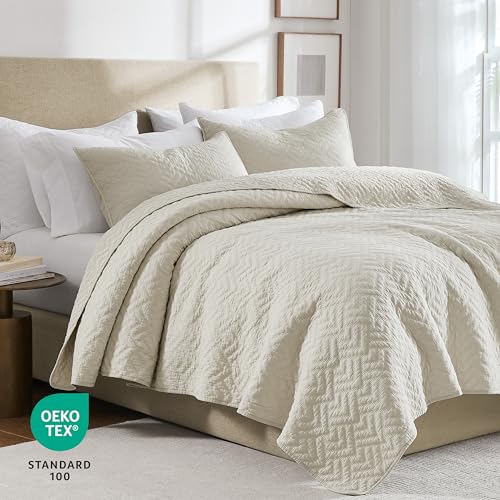 Image of palassio Beige 100% Cotton Quilt Queen Size Bedding Sets with 2 Pillow Shams, Lightweight Textured Farmhouse Country Bedspread Soft Shabby Chic Patterned Coverlet for All Season, 3 Pieces