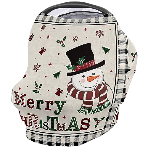 Nursing Cover for Breastfeeding Scarf, Retro Christmas Snowman Snowflake Xmas Tree Plaid Baby Car Covers Super Soft Multi Use for Canopy Shopping Cart Cover Blanket Stroller Cover