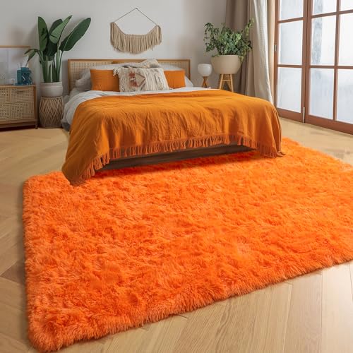 Amdrebio Orange Rugs for Bedroom Living Room, 5x7 Fluffy Fuzzy Area Rugs for Kids Room Decor Aesthetic, Cute Furry Plush Shag Carpet for Toddler Teen Girls Boys Baby Nursery Dorm Playroom Classroom