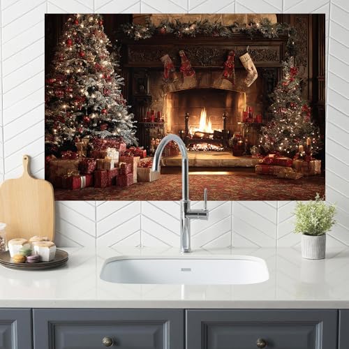 Image of Christmas Fireplace Backsplash Peel and Stick, 35.4x23.6 in