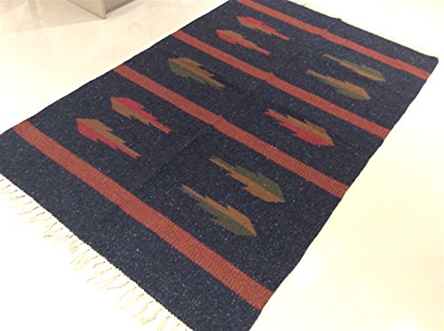 Image of Eco friendly Tribal Ethnic Navy Blue Handmade Recycled Cotton Rich Trade Reversible Machine Washable Kilim Dhurrie Rugs 120x180cm