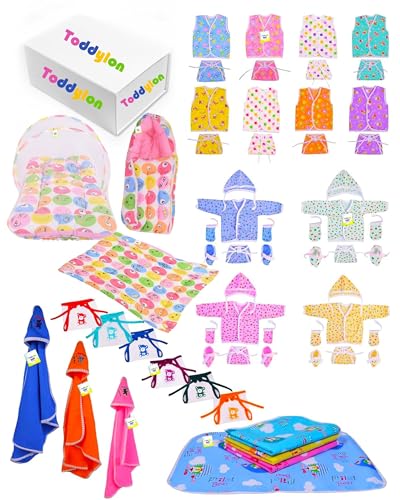 Image of Toddylon 56 in 1 New Born Baby Products All | Gift Packs | Maternity Kit | Baby Clothes | Baby Bedding Set | Essentials Items | Baby Shower | Combo Pack | Infants (Multicolor, 0-6 Months)