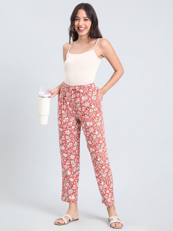 Image of GO COLORS Women Printed Woven Viscose Mid Rise Lounge Pants