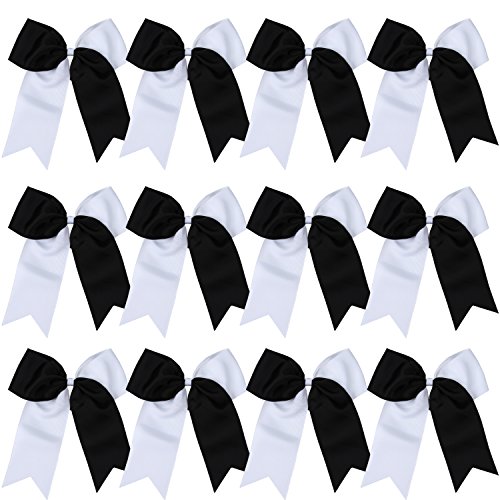 8 Inch 2 Colors Jumbo Cheerleader Bows Ponytail Holder Cheerleading Bows Hair 12 Pcs (White/Black)