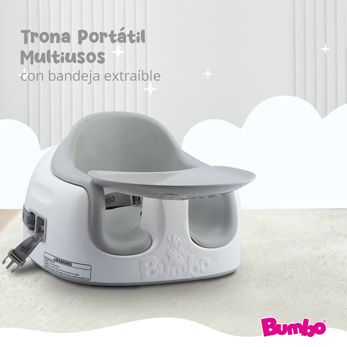 Bumbo Multi Seat - Asiento para Bebé 3 en 1 - Asiento de Suelo, Trona Portátil y Alzador de Silla para Comer - Bandeja Extaíble y Altura Ajustable - Color Gris