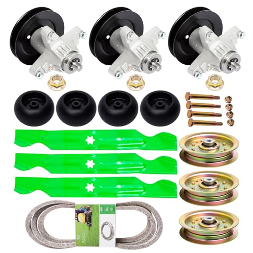 50 Inch Mower Deck Rebuild Kit for Cub Cadet Troy Bilt LT1050 LTX1050 3 Spindle 918-04126 918-04125C 3 Blade 742-04053 3 Idler 756-04129 4 Wheel 753-04856 1 Belt 754-04044 Fits Mustang RZT 50 Deck