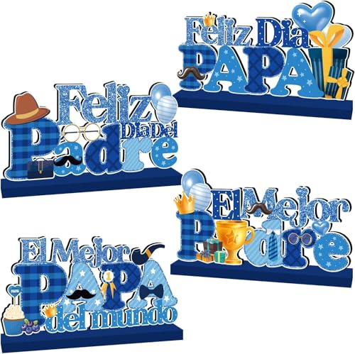 4pcs Feliz Dia Del Padre Decoracion Table Wooden Centerpieces Feliz Dia Papa Mexican Fathers Day Decoracions Table Toppers for Dad Fathers Day Supplies