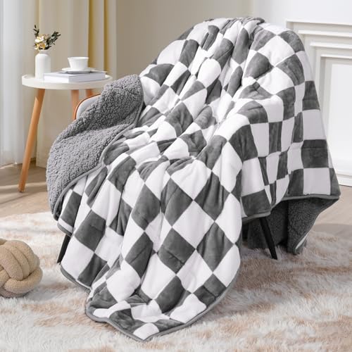 Image of Sherpa Weighted Blanket for Adults Queen Size 15 lbs, Dual Sided Heavy Blankets with Checkerboard Pattern, Ultra Soft Cozy Throw Blanket for Calming and Sleep, Plaid Grey, 48 inch x 72 inch
