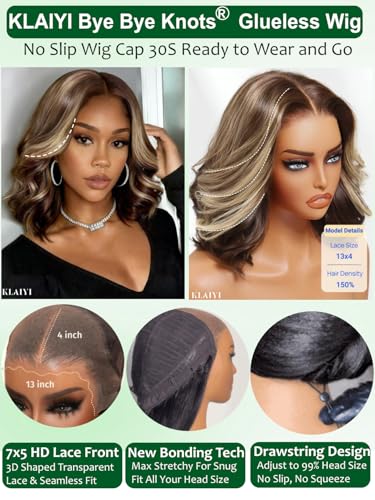 Image of KLAIYI Bye Bye Slip Highlight Blonde Bob Loose Wave Pre Everything 13x4HD Lace Front Wigs Human Hair Ombre Brown Layered Blowout Glueless Drawstring Pre Plucked Bleached Knots Face Framing Wig 12Inch