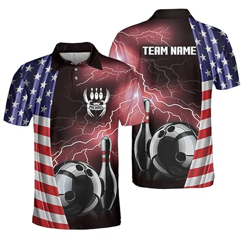 Custom Bowling Polo Shirts, US Flag Custom Bowling Jerseys for Men, American Flag Bowling Shirt, Bowling Uniform, Gift for Bowling Team Player