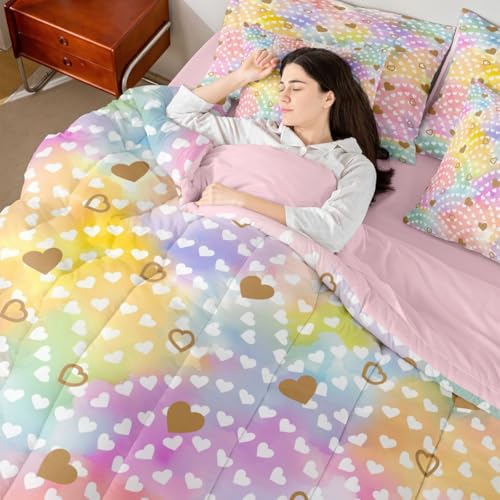 Image of Erosebridal Rainbow Hearts 7 Piece Bed in A Bag Twin Comforter Set Gold Heart Bedding Set for Girls Kids Valentine Love Geometric Sheet Set with Comforter Love Heart Quilt Duvet