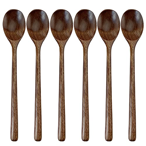 Image of Wooden Spoons for Eating, ADLORYEA 9 inch Small Wooden Soup Spoon Mixing Stirring Tasting, 6-Piece Dark Brown Wood Spoons for Soup and Korean Food, Eco Friendly Wooden Eating Utensils