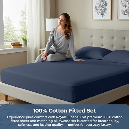 Image of ROYALE LINENS Fitted Sheet with Pillowcases - Full Fitted Sheets with 2 Pillowcases - 300 Thread Count 100% Organic Cotton - Fits Mattress Up to 18 inch Deep - Soft & Breathable - Navy (No Flat Sheet)
