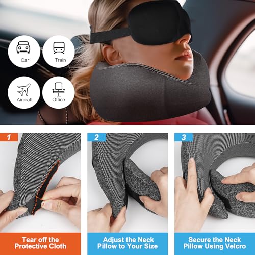 Travel Pillow for Airplane with 100% Memory Foam, 360° Adjustable Full Surrounding Flying Neck Pillows, Travel Pillow Set with 3D Eye Masks, Earplugs (Black) - Image 4