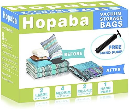 Hopaba 8 Pack Space Saver Vacuum Storage Bags-2 Jumbo (31x39) 4 Large (28x31) 2 Travel Roll Up (20x28) with Hand Pump for Comforters Blankets Clothes