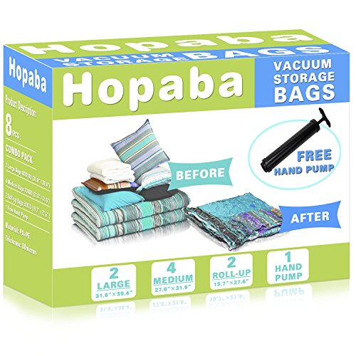 Hopaba 8 Pack Space Saver Vacuum Storage Bags-2 Jumbo (31x39) 4 Large (28x31) 2 Travel Roll Up (20x28) with Hand Pump for Comforters Blankets Clothes