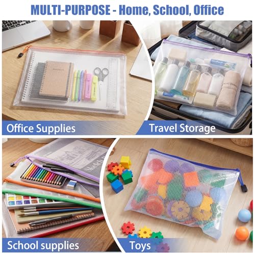 Thboxes 24 Pack Mesh Zipper Pouch Bags, A3 17x12 Inches Large Mesh Bag with Sticky Labels - 12 Colors Waterproof Zipper Bags for Classroom, Board Game, Puzzle, Office Files, Travel and Home Storage - Image 8