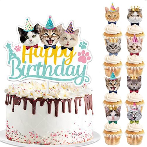 OUDEKE Cat Cake Toppers 9PCS Cute Cats Cupcake Toppers Big Happy Birthday Cake Topper Cats Cake Decorations DIY Cake Toppers for Boys Girls Catlover Lovely Cats Birthday Party Supplies