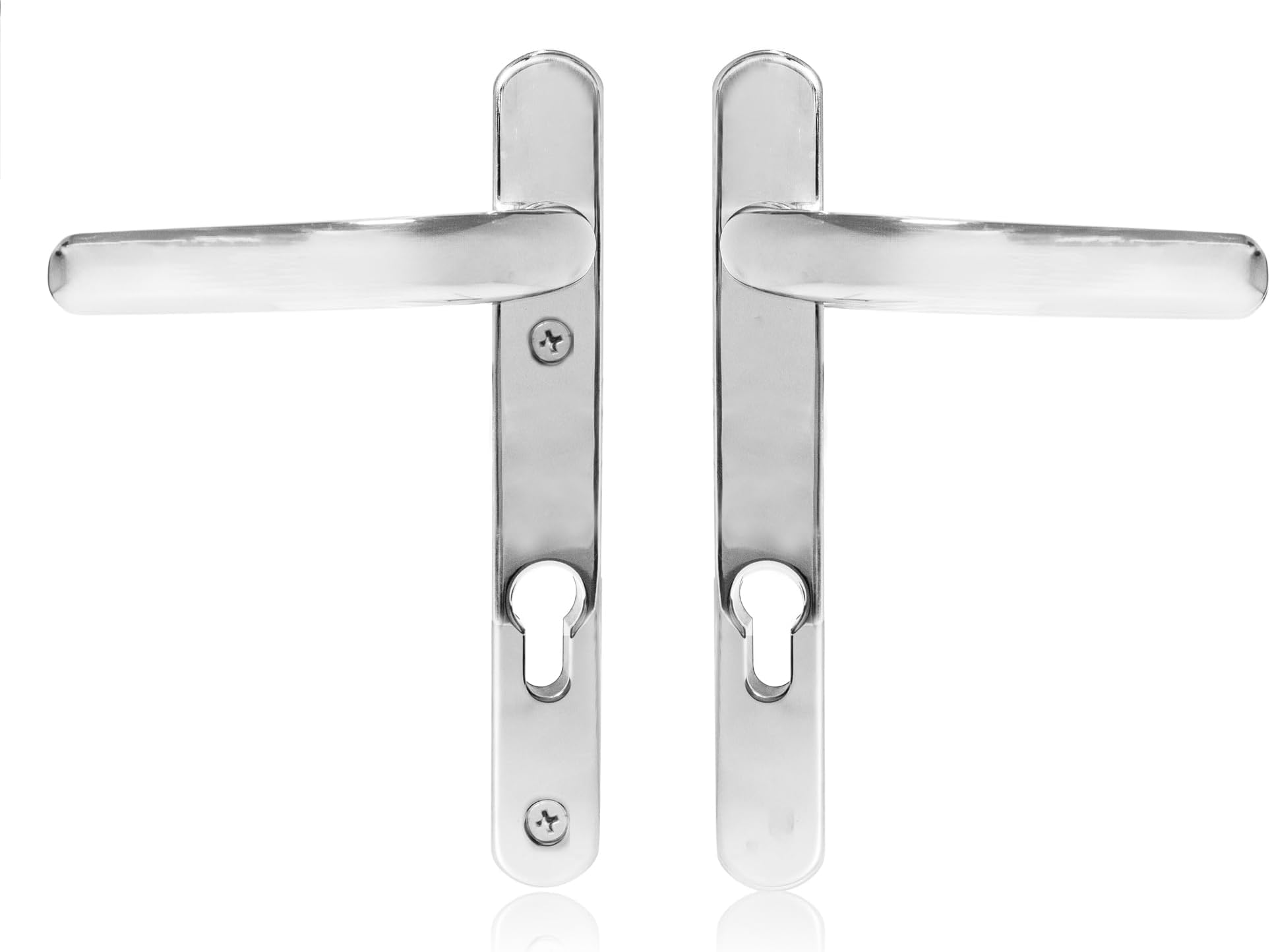 Schlosser Technik Uros Polished Chrome Door Handle (PZ 92mm, 122mm Screw Hole Distance, 219mm Overall) Stainless Steel Short Backplate, UPVC Front Door Handle