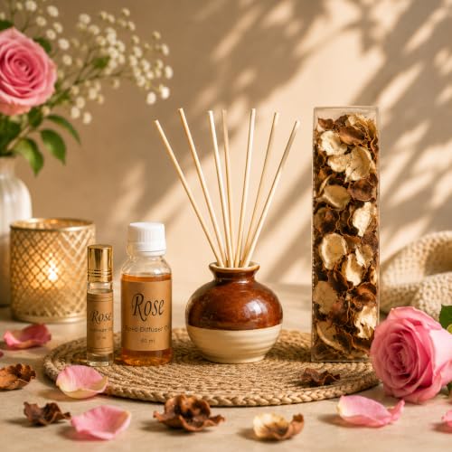 Image of AuraDecor Reed Diffuser Gift Set with Potpourri, Fragrance Oil & 6 Reed Sticks | Air Freshener for Living Room, Bedroom & Office | Decorative Aroma Diffuser Gift Set (Rose, X-Large)
